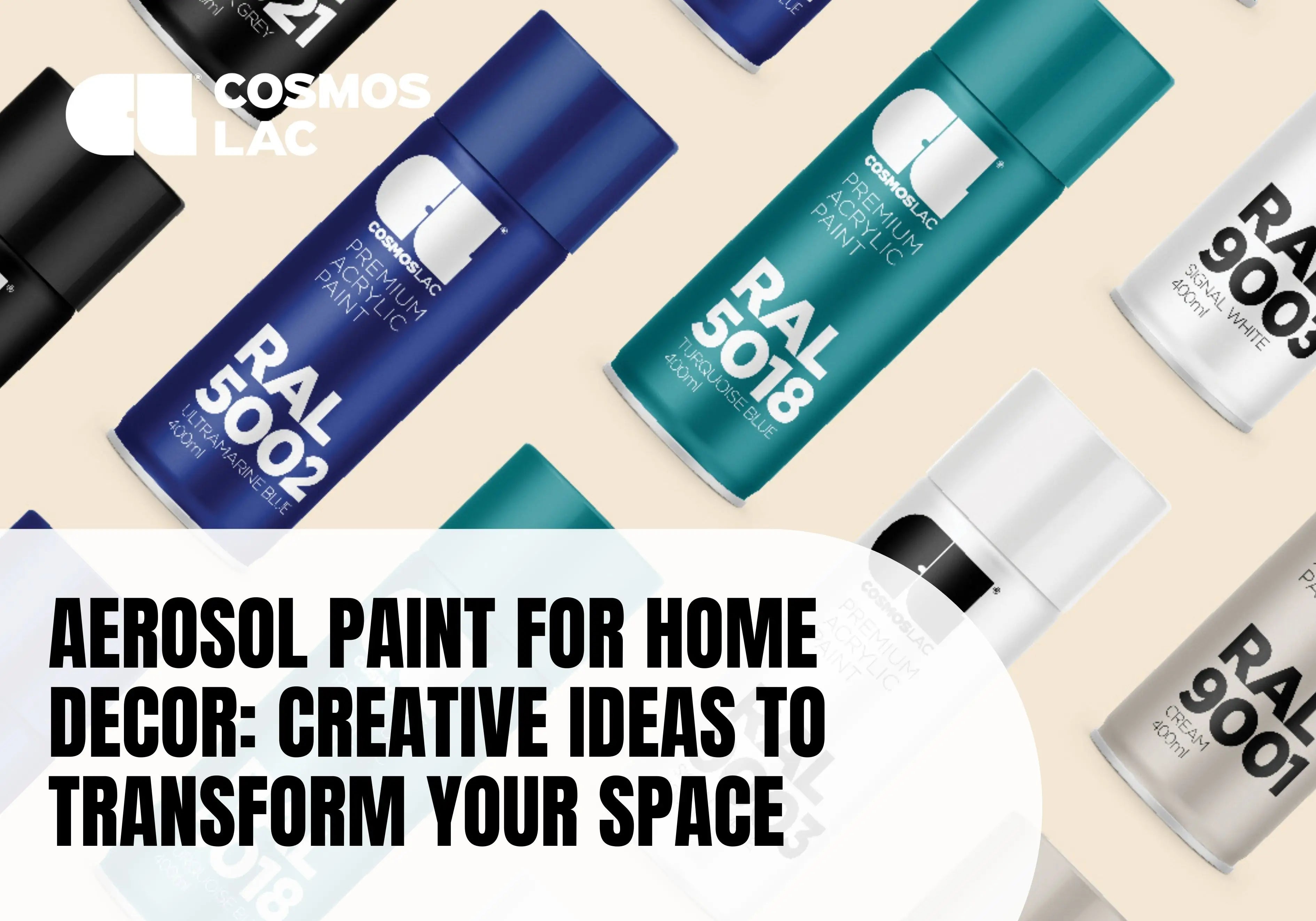 A sleek colour combo: Black Grey, Ultramarine Blue, Turquoise Blue, and crisp Signal White aerosol paint spray cans ready for your next home makeover