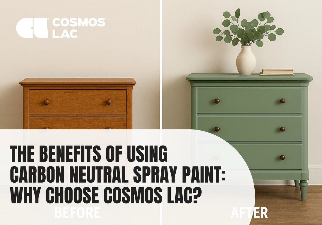 Vintage furniture makeover using carbon neutral spray paint showing before and after transformation of an ornate dresser